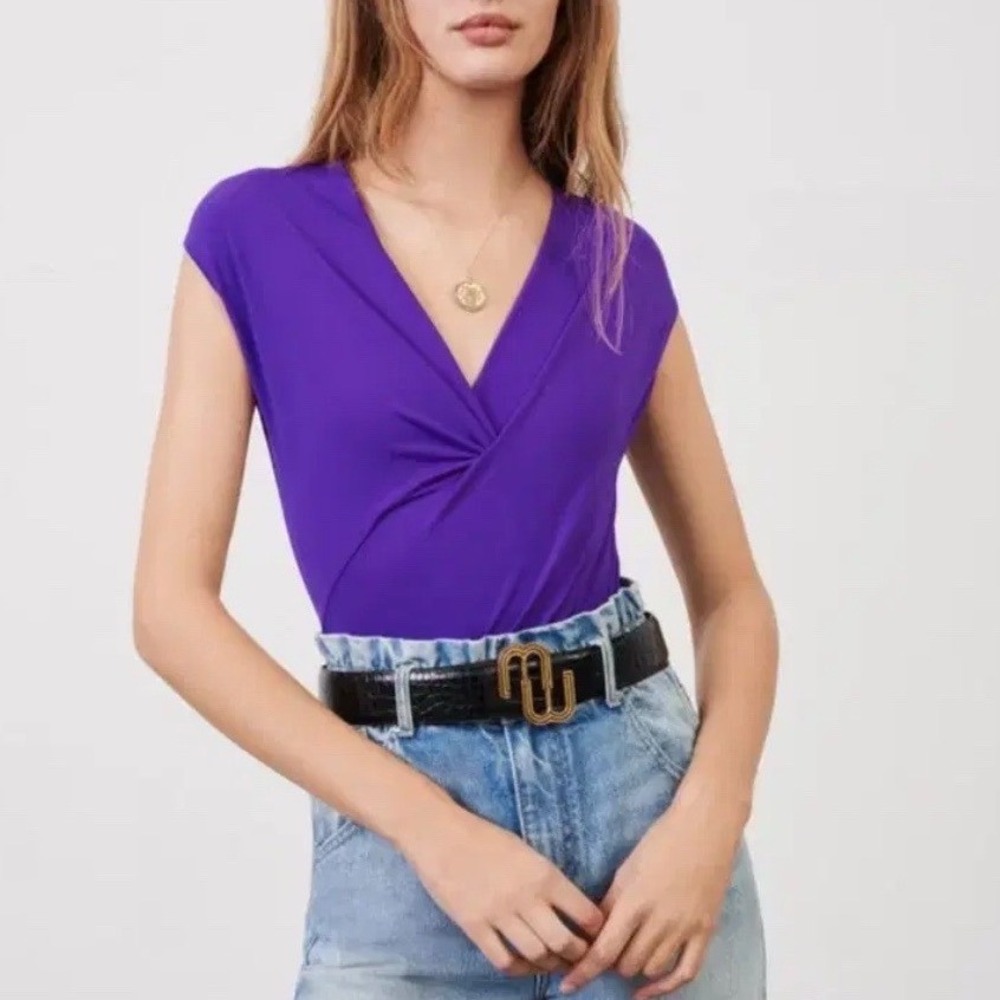 Maje Bodysuit Womens 1 Violet Purple Wrap V-Neck Sleeveless Chic Parisian Draped